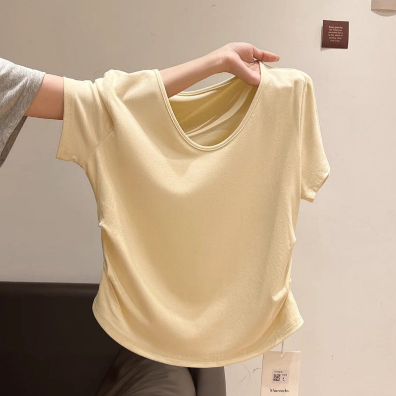 Femme Blødt V-hals Fritids T-shirt med rynkede sider Stilla