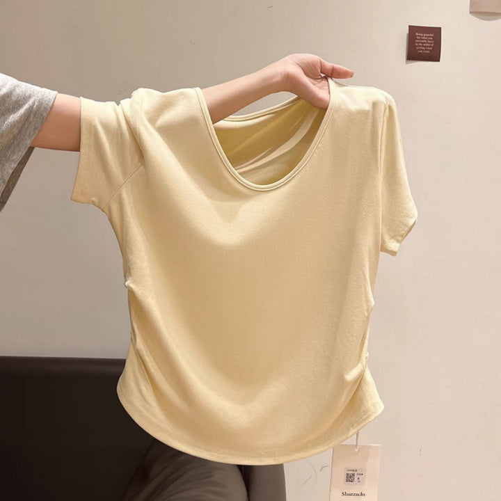Femme Blødt V-hals Fritids T-shirt med rynkede sider Stilla