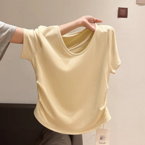 Femme Blødt V-hals Fritids T-shirt med rynkede sider Stilla