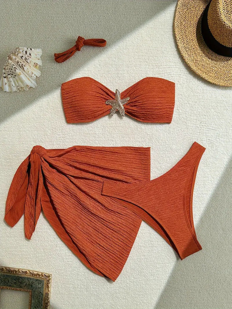 Dame Bandeau-Bikini-sæt med glitrende stjerner-detail og wrap-sarong Stilla