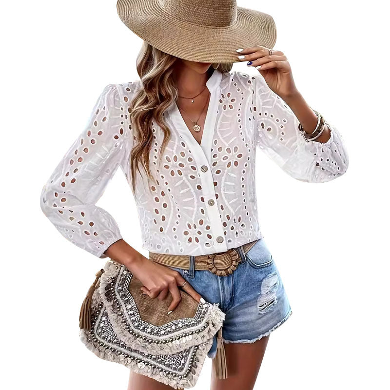 Femme Eyelet Cutout Langærmet bluse Stilla