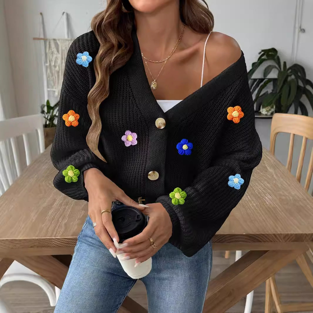 Damer moderigtig strik-Cardigan med innovativt blomstermotiv og ballonærmer Stilla