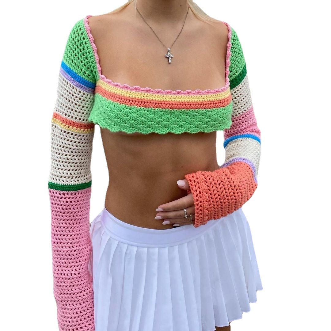 Dame hæklede crop-top med lange ærmer og farverige striber Skovae