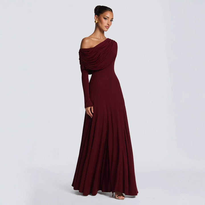 Kvinder elegante maxi kjoler med lange ærmer og asymmetrisk drapering Skovae