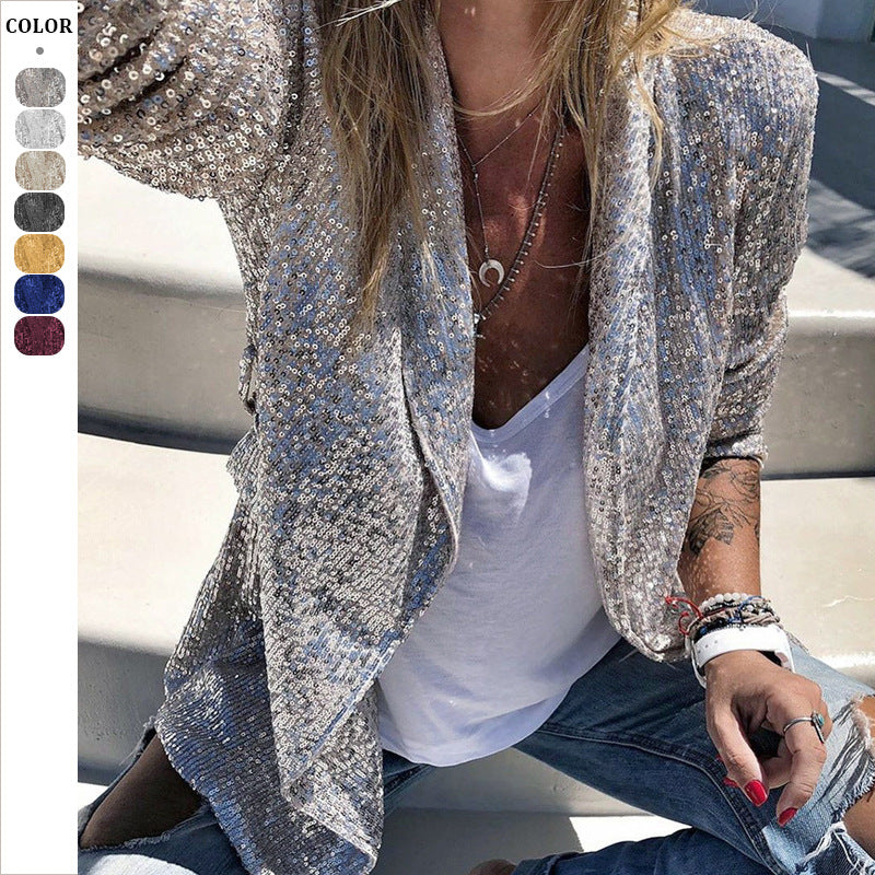 Dame Glitrende Overshirt-Jakke med elegant snit og skinnende Paillettetrim Stilla