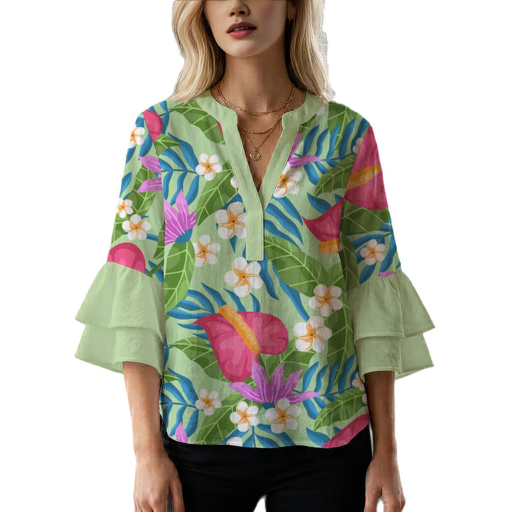 Dame elegant top med voluminøse flæsekanter og blomsterdesign Skovae