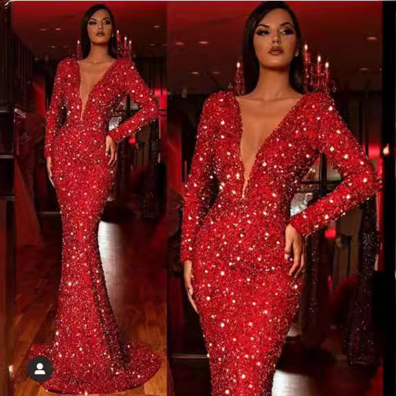 Dame Glamourøst Aftenkjole med dyb V-udskæring og strålende pailletter Stilla