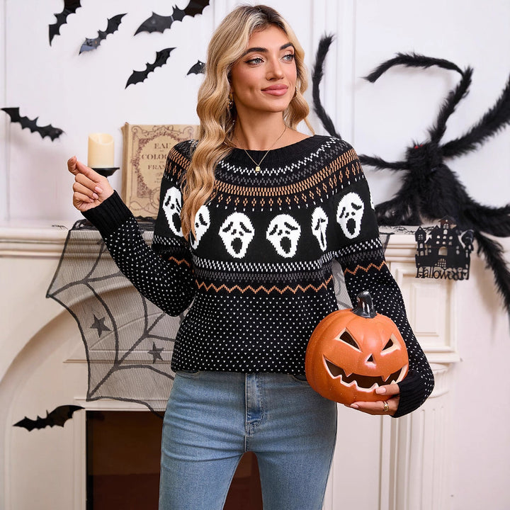 Kvindernes mønstrede strikkede sweater med Halloween-motiver Stilla