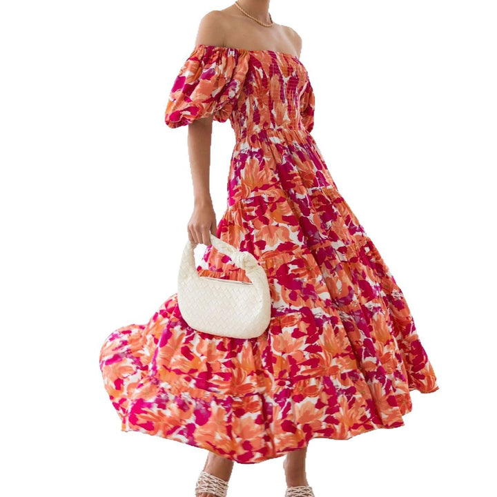 Dame Off-Shoulder Maxikjole med voluminøse puffærmer og blomstermønster Stilla