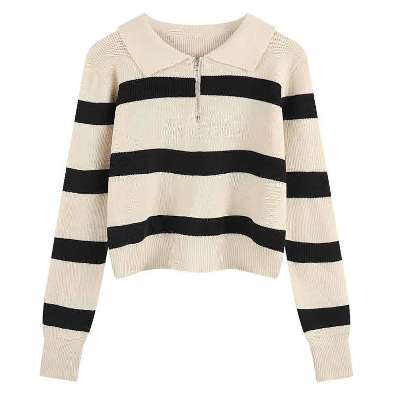 Kvinders strikket sweater med lynlås og stribemønster Stilla