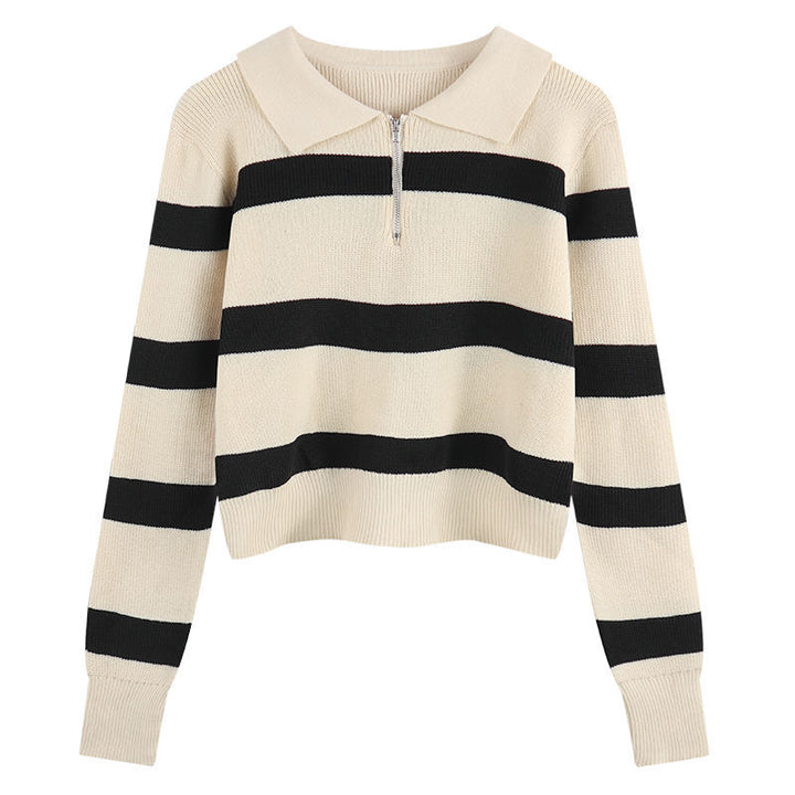 Kvinders strikket sweater med lynlås og stribemønster Stilla