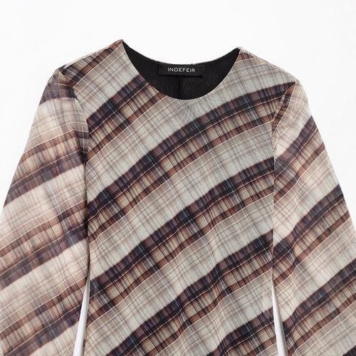 Dame Langærmet Tartan Maxi Kjole med flatterende snit Stilla