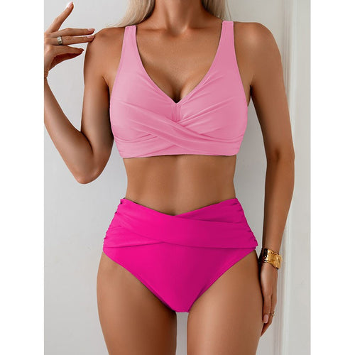 Dame Højtaljet Bikini-sæt med draperet top og forstærket bælteSkovae
