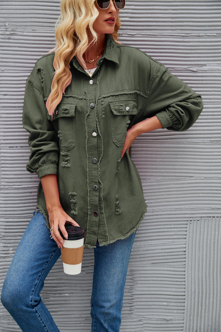 Dame Oversized Denim-Skjortejakke med frynse-detaljer Stilla