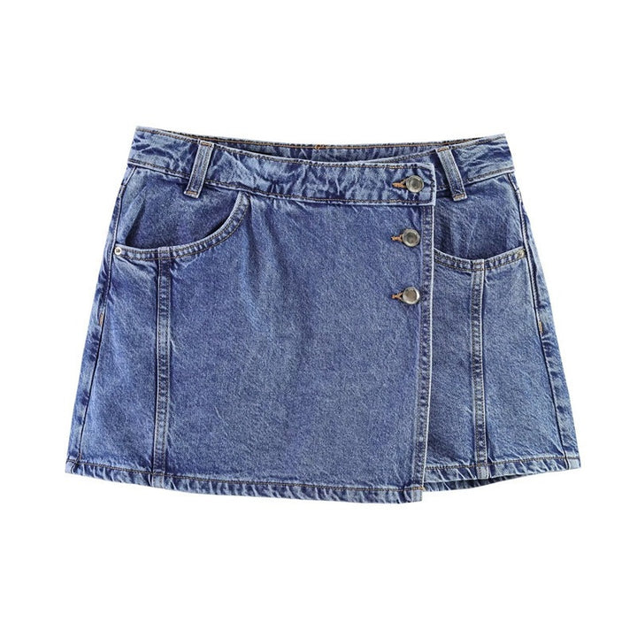 Dame denim mini nederdel i asymmetrisk snit med dekorative knapper Skovae