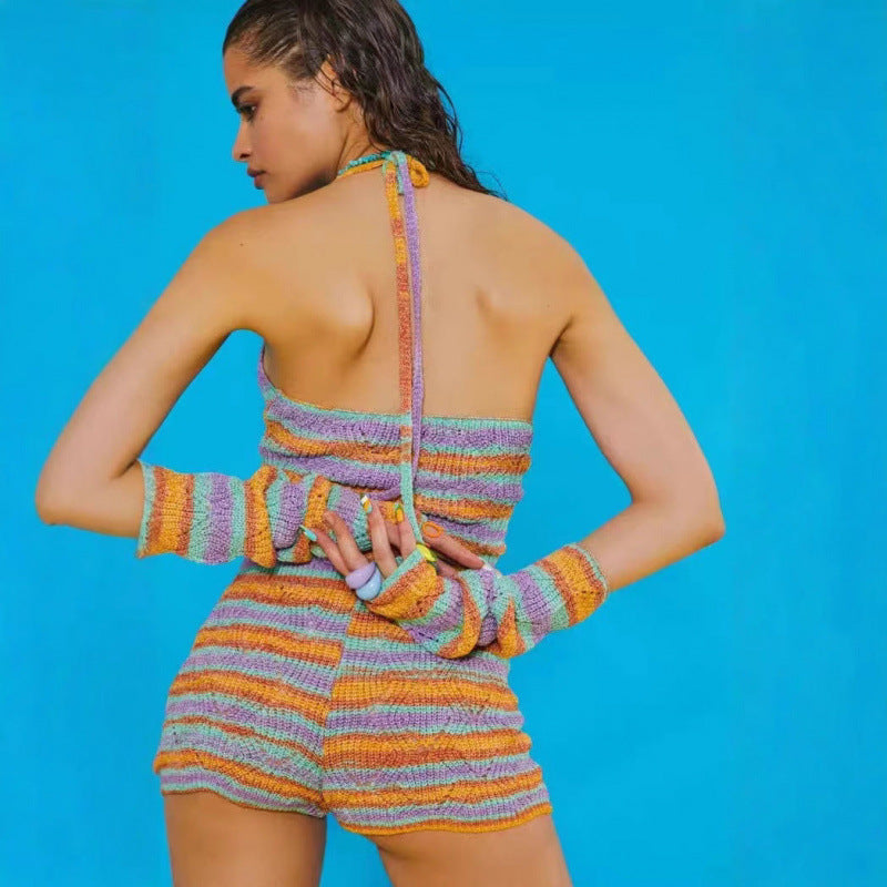 Kvinder Farverigt Strikket Crop Top og Shorts Sæt Stilla