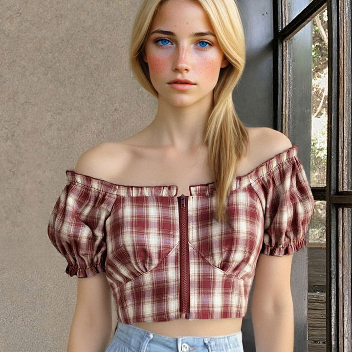 Dame Cropped Bluse med Puffærmer og lynlås Skovae