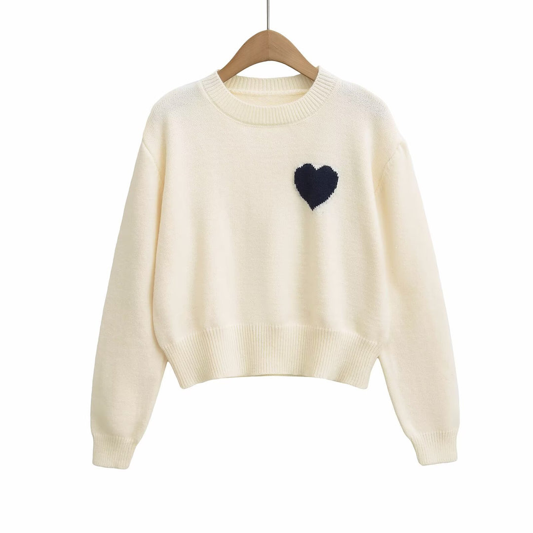 Dame strikpullover med hjerte-applikation Stilla