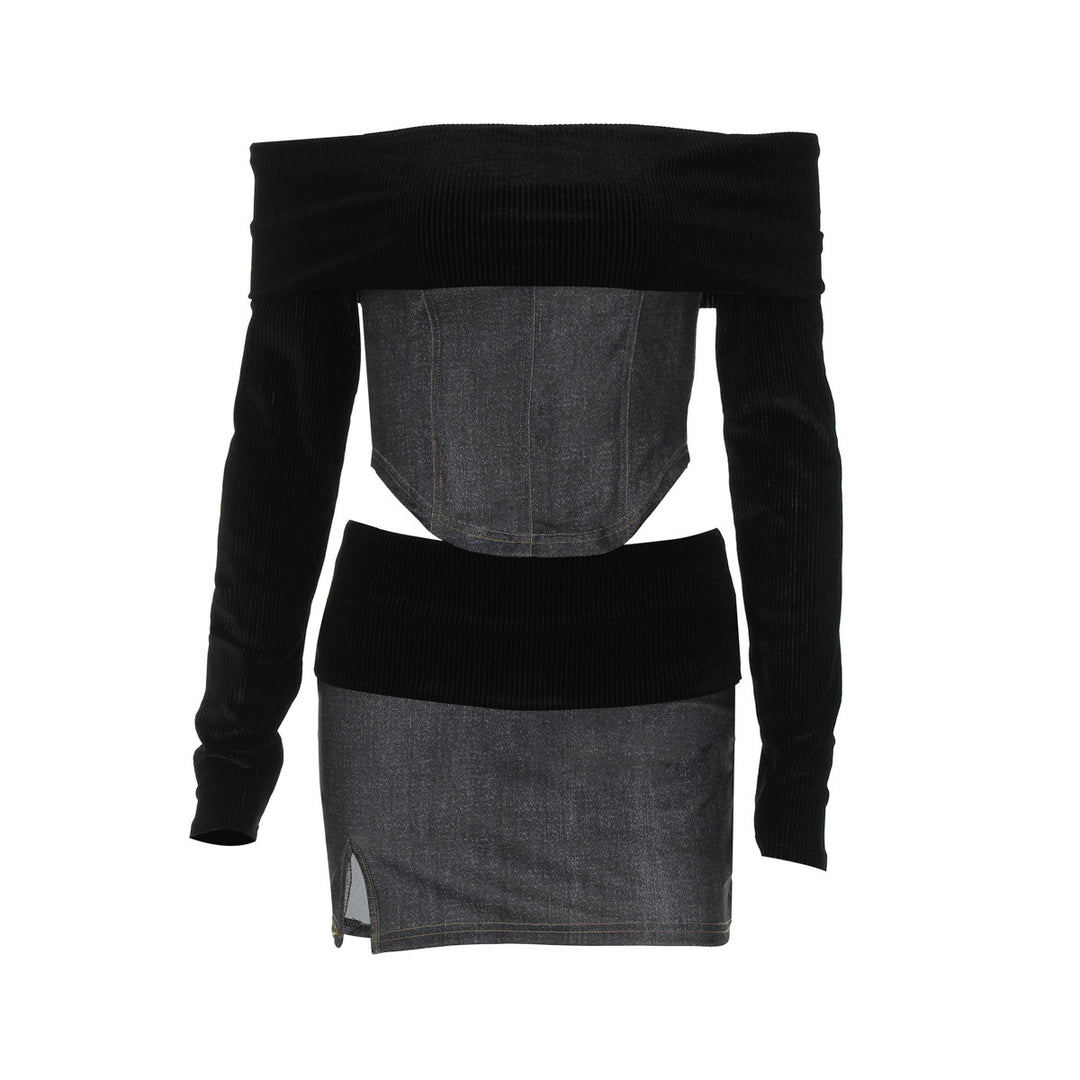 Dame Off-Shoulder Sæt med figursyet overdel og kort jeansskørt Stilla