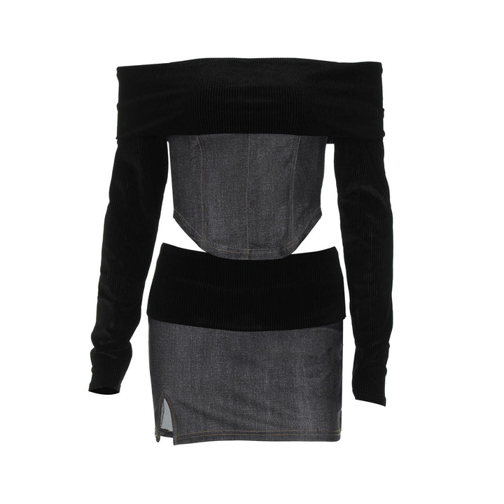 Dame Off-Shoulder Sæt med figursyet overdel og kort jeansskørt Stilla