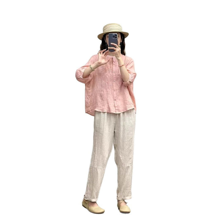 Femme Broderet Linned Knap-Op-Bluse Stilla