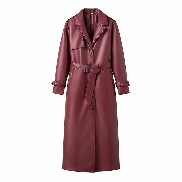 Dame elegant trenchcoat i kunstlæder med taljebælte Stilla