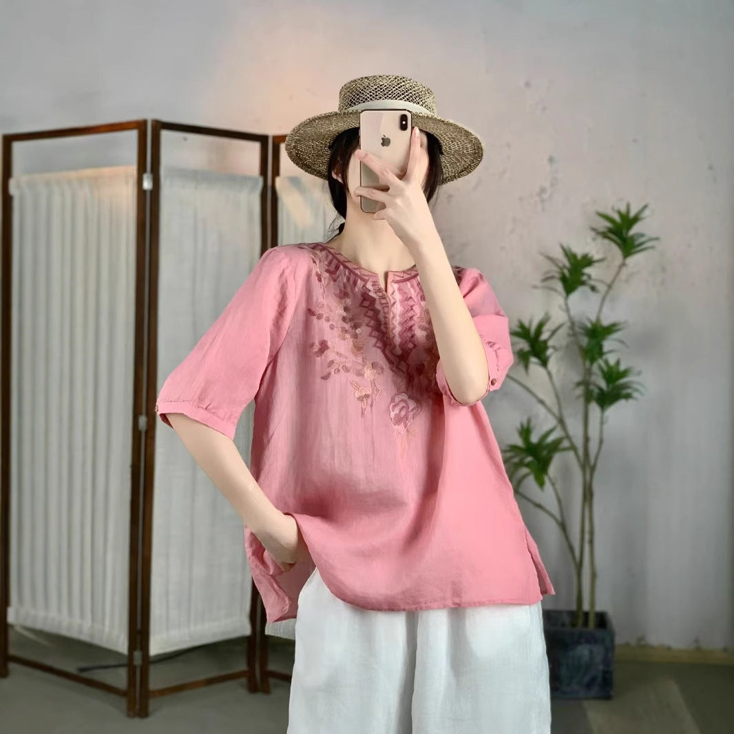 Femme Broderet Linned-Tunika-Overdel Stilla