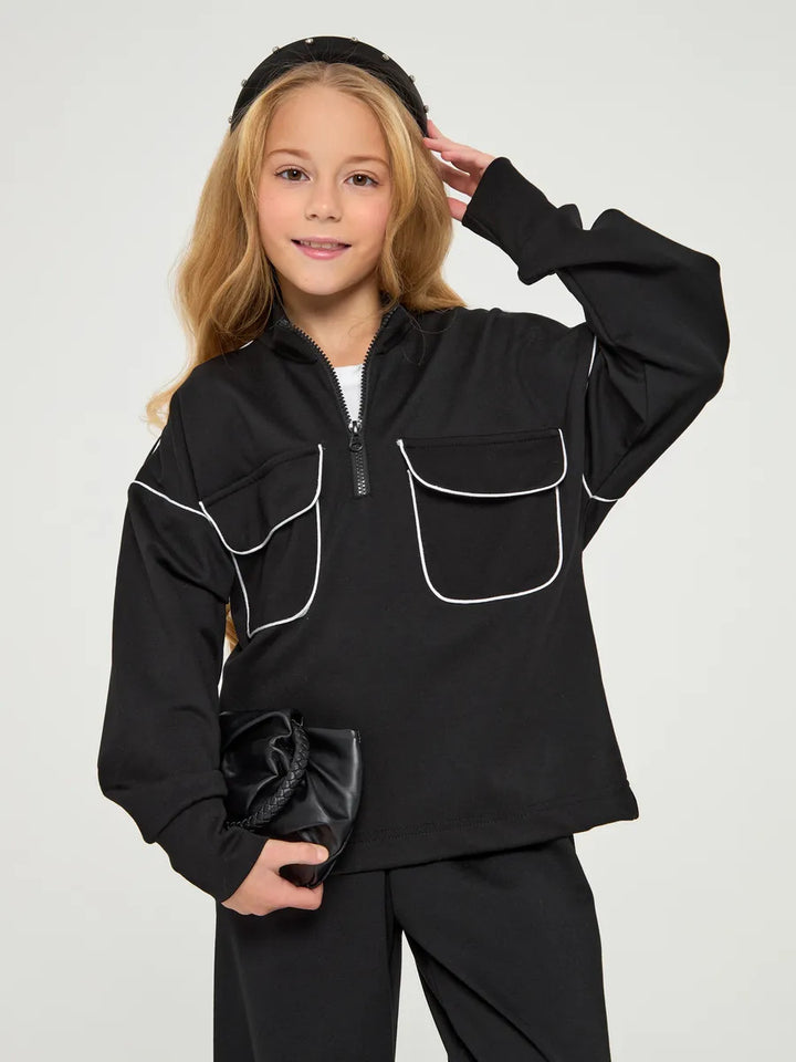 Kvindernes sporty sweatshirt med halv lynlås og praktiske lommer
