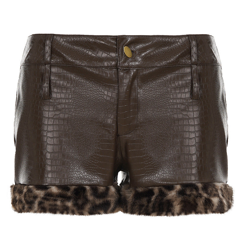 Dame læder-shorts med leoparddetaljer Skovae