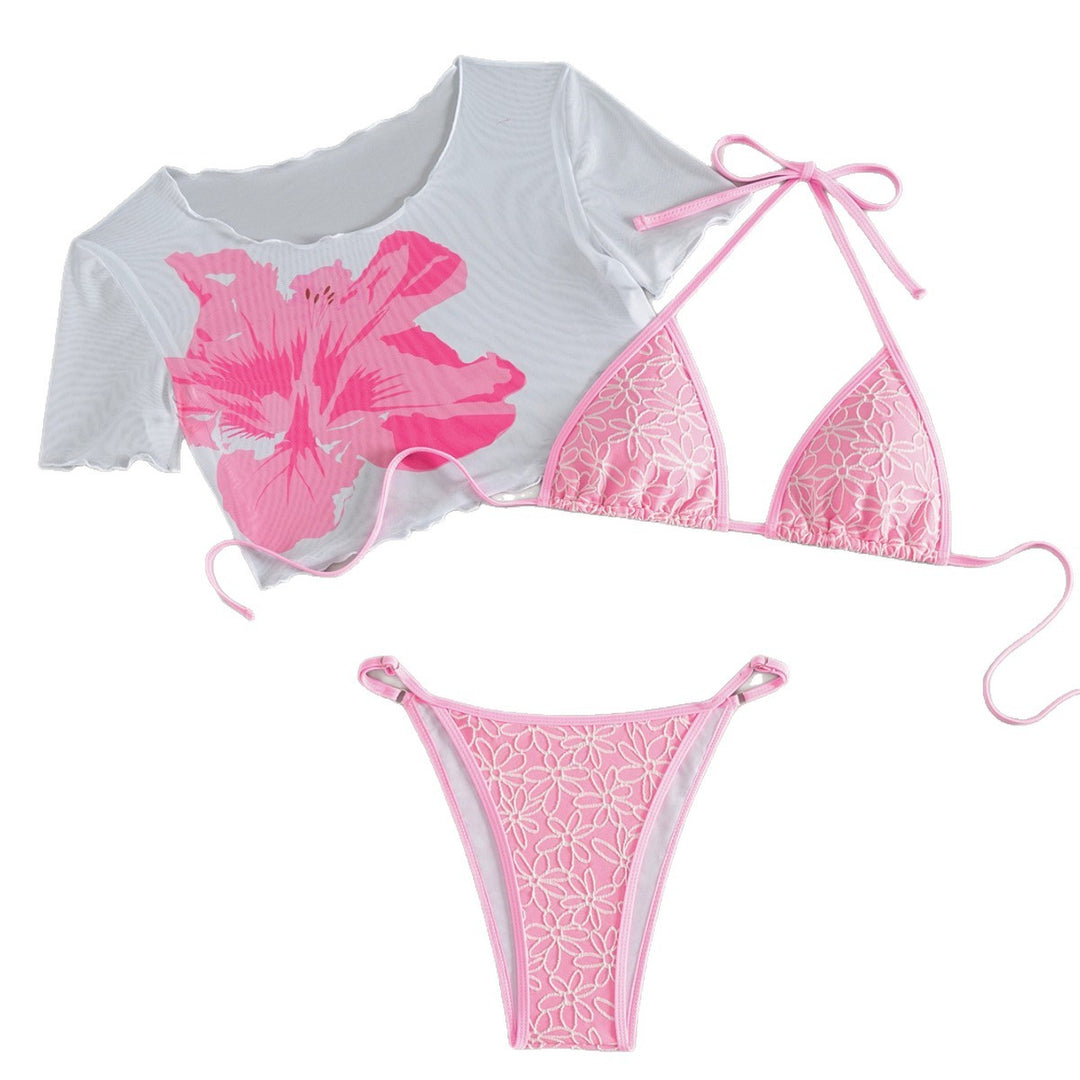Dame Crop-Top Bikinisæt med floral design og transparent overtræk Skovae