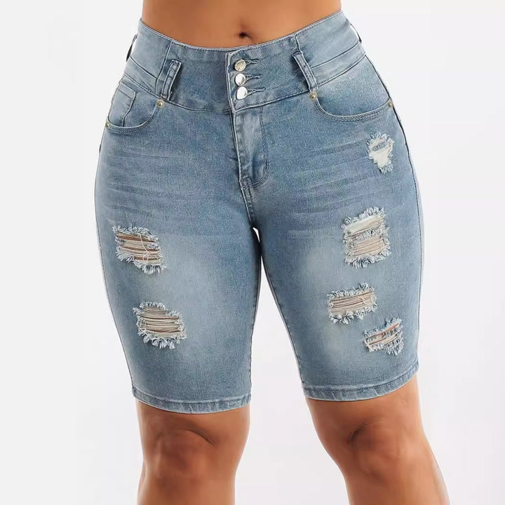 Dame Høj taljede Denim Shorts med moderne Distressed-detaljer og elastisk kant Stilla