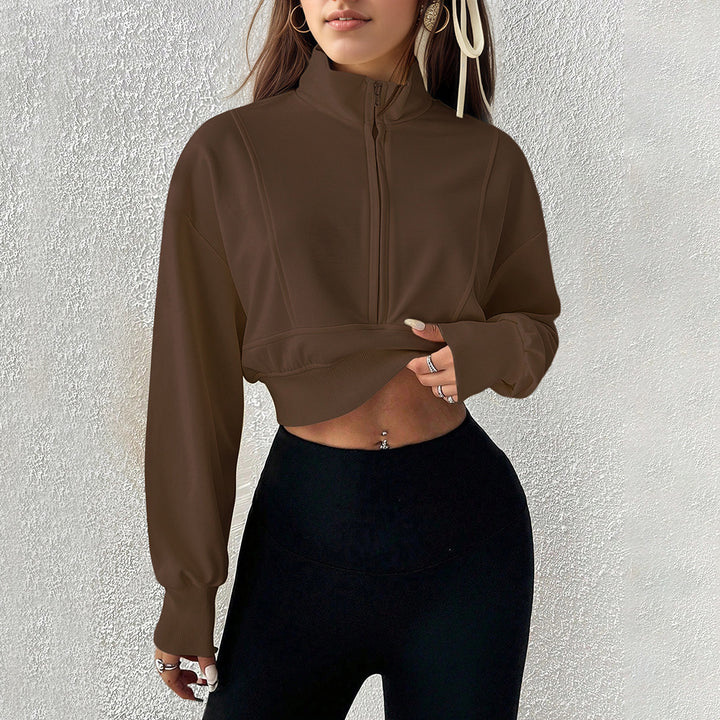 Dame cropped sweatshirt med høj krave lynlås og lavet af blødt materiale Stilla