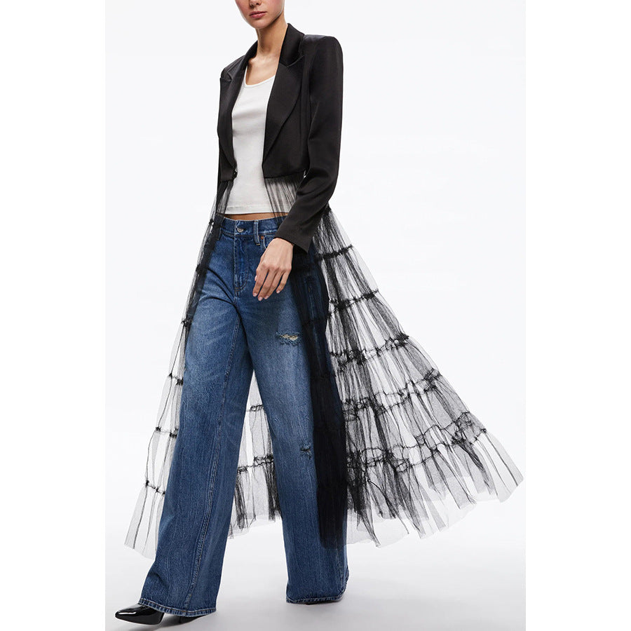 Dame Lang Blazer med voluminøs Tüllkant og elegant snit Stiila