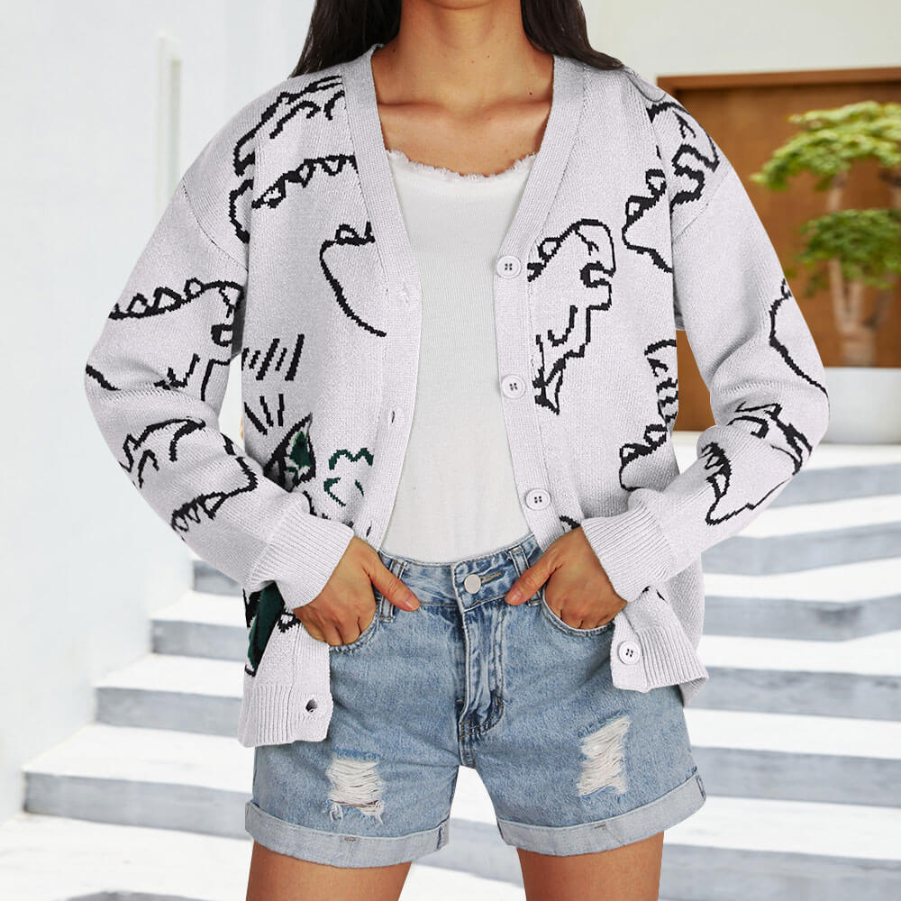 Kvinders mønstrede cardigan med sjov dinosaurmotiv Stilla