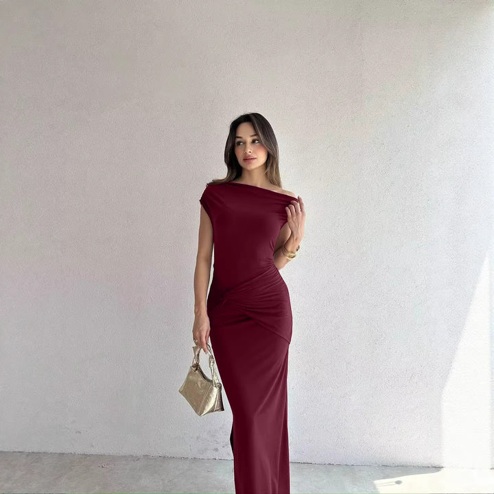 Kvinder Elegant Maxikjole med Off-Shoulder Design og dekorativ rynkning Skovae