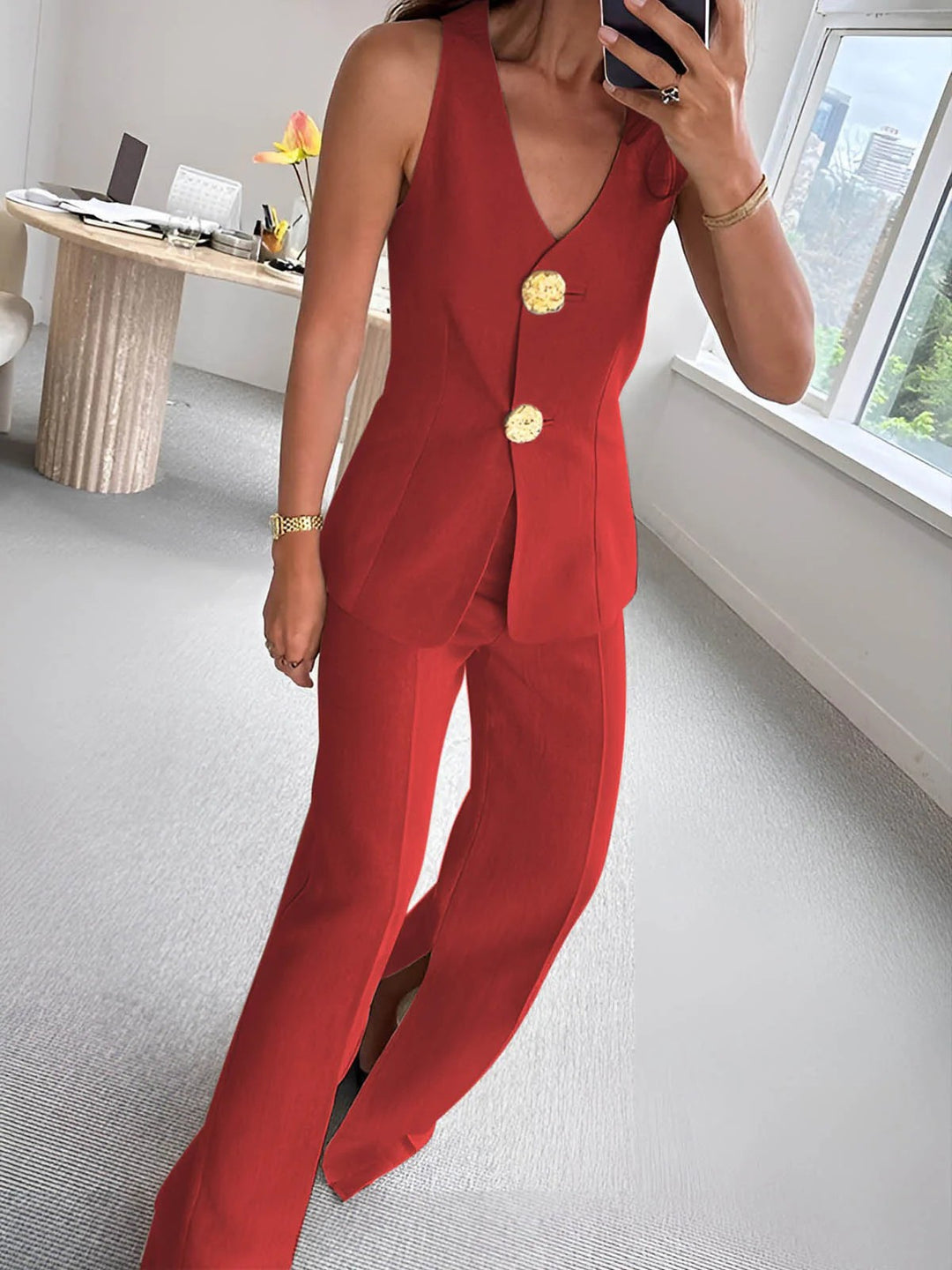Dame elegant jumpsuit med front knaplukning og bred ben Skovae