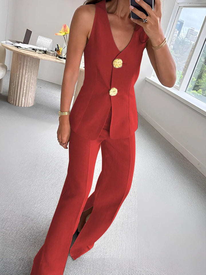 Dame elegant jumpsuit med front knaplukning og bred ben Skovae