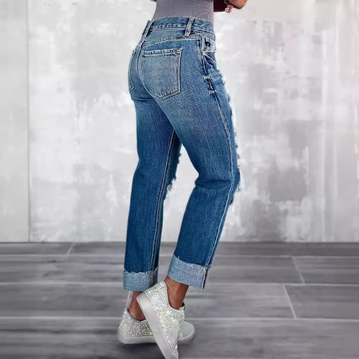 Dame Ripped Boyfriend Jeans i den trendy vintage-look med vidde ben Stilla