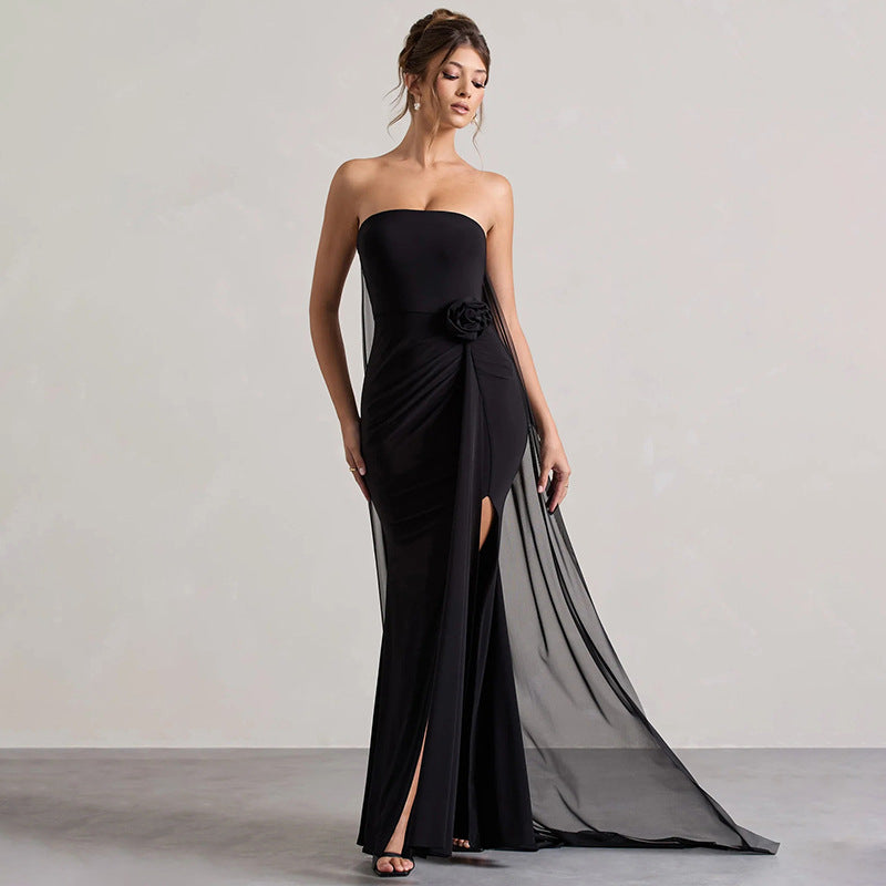 Dame Elegant Strapless Aftenkjole med asymmetrisk Overdel og sidelæg Stilla