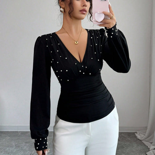Kvinders elegante bluse skjorte med V-hals og dekoration Stilla