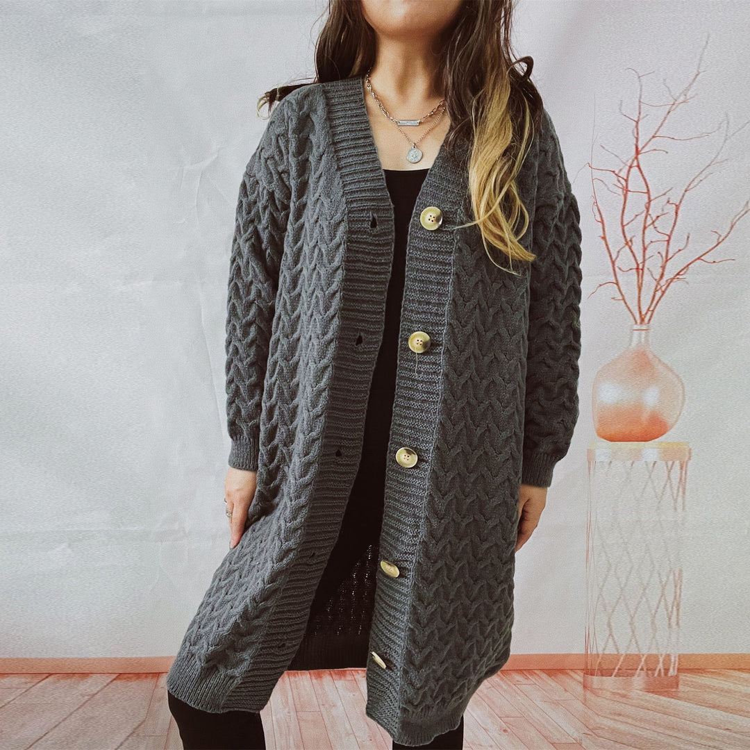 Kvinders cardigan med hele kabelmønster og store knapper Stilla