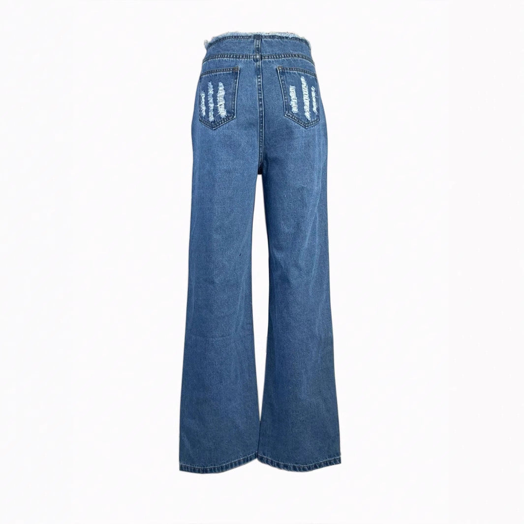 Dame brede jeans med iøjnefaldende rivdetaljer og afslappet snit Stilla