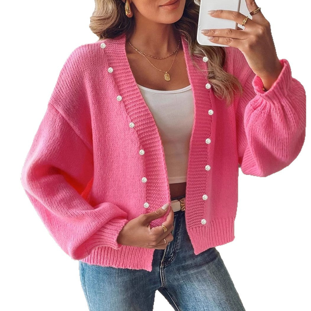 Dame afslappet strik cardigan med perle knapper og bred snit Stilla