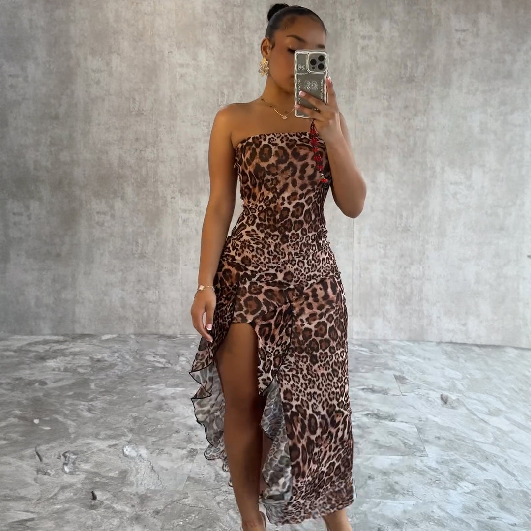 Damer Elegant Dyremønster Maxi-Kjole med asymmetrisk Kant og Ruffles Detaljer Stilla