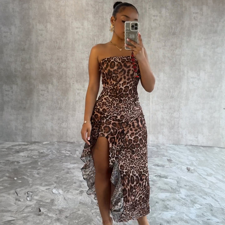 Damer Elegant Dyremønster Maxi-Kjole med asymmetrisk Kant og Ruffles Detaljer Stilla