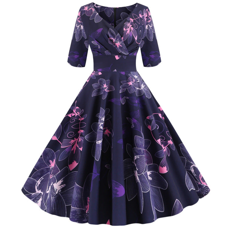 Dame Floral Print A-Linie Kjole med Elegant V-Udskæring Stilla