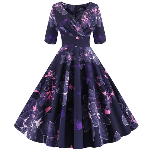 Dame Floral Print A-Linie Kjole med Elegant V-Udskæring Stilla