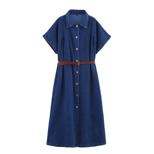 Femme Button-Up Denim Kjole med Bælte Stilla