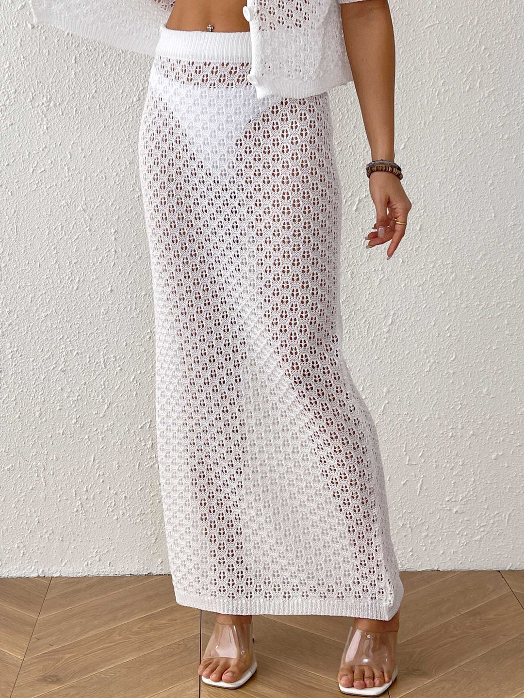 Dame Hæklet Maxi Skirt og Cardigan Sæt Stilla