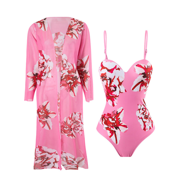 Dame Strandkimono med blomsterdesign og elegante flæseærmer Stilla